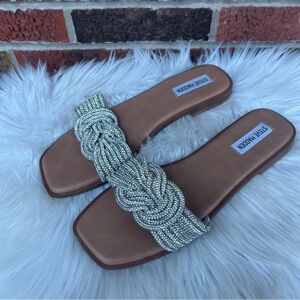 Steve Madden Tan and Silver Rhinestone Twisted Braided Band Slip On Sandals